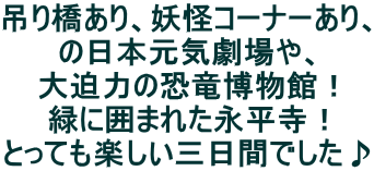 吊り橋あり、妖怪コーナーあり、 の日本元気劇場や、 大迫力の恐竜博物館！ 緑に囲まれた永平寺！ とっても楽しい三日間でした♪
